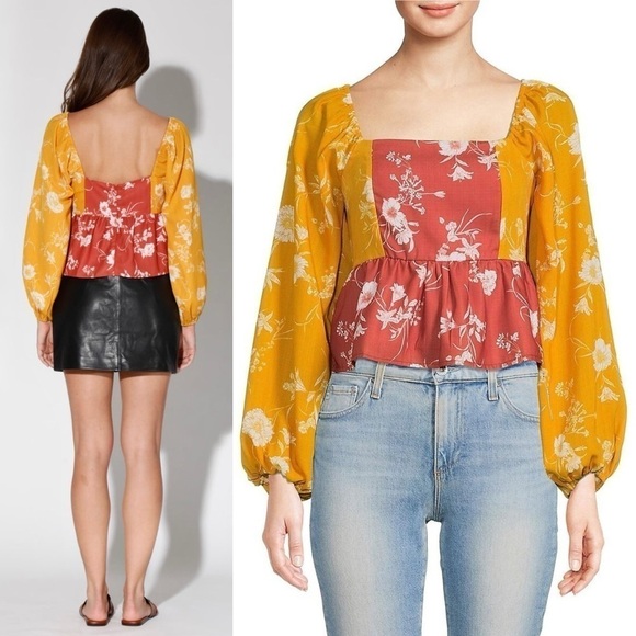 WALTER BAKER 70s Floral Colorblock Off Shoulder Puff Long Sleeve Ruffle Top M - Picture 3 of 8